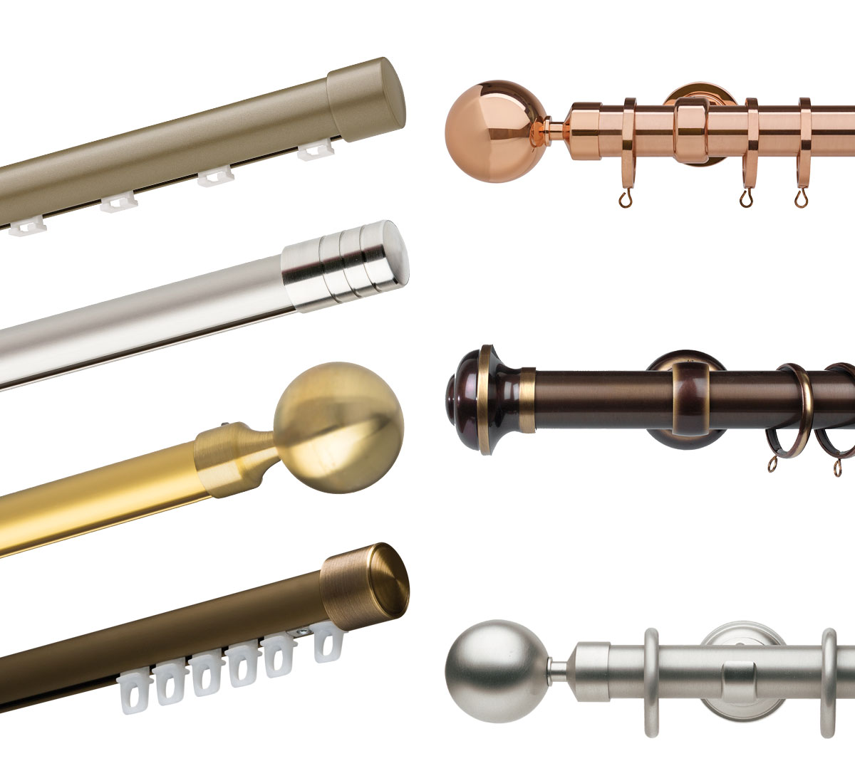Forest Drapery Hardware rods, finials and rings in mixed metals.